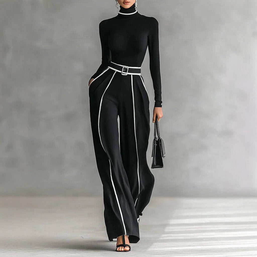 Elegant Stand-Collar Knitted Wide-Leg Pants Suit