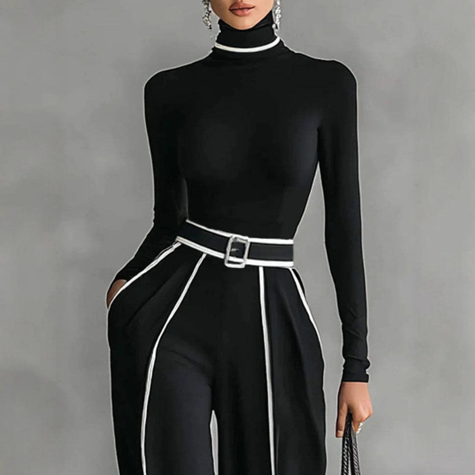 Elegant Stand-Collar Knitted Wide-Leg Pants Suit