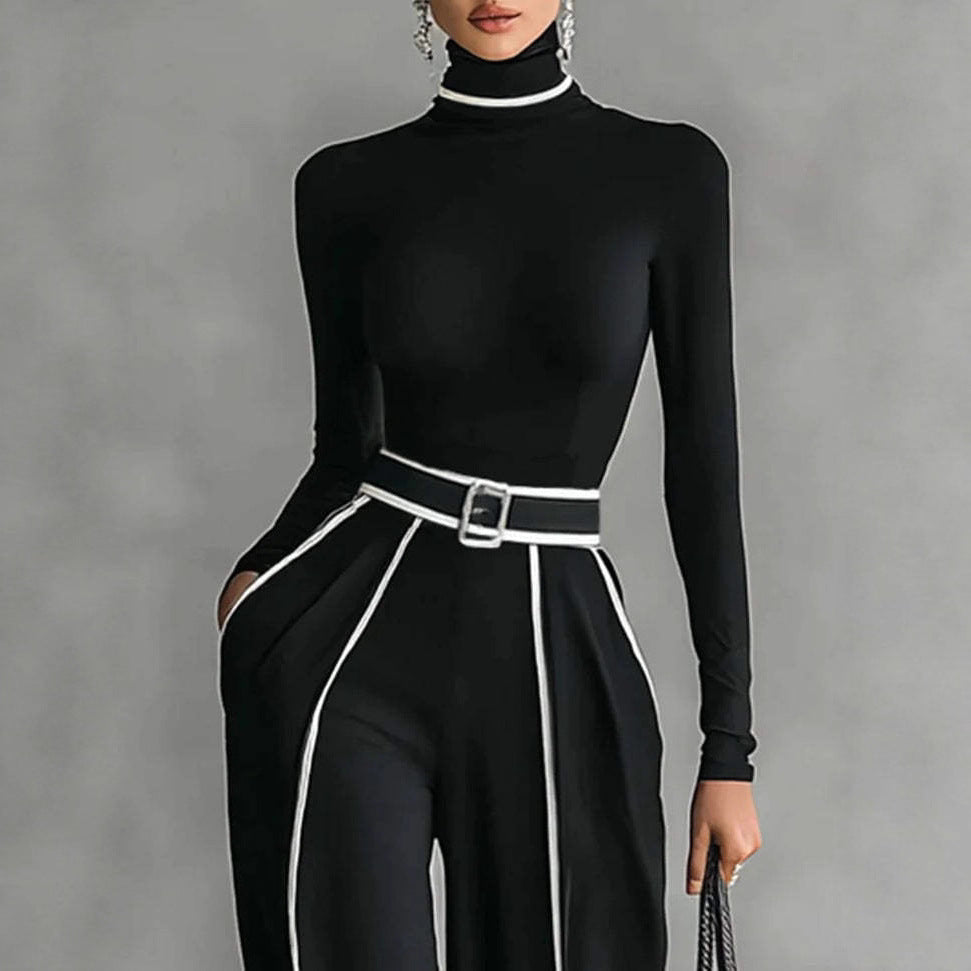 Elegant Stand-Collar Knitted Wide-Leg Pants Suit