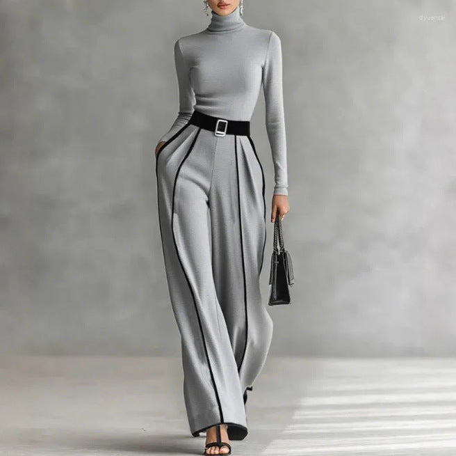 Elegant Stand-Collar Knitted Wide-Leg Pants Suit