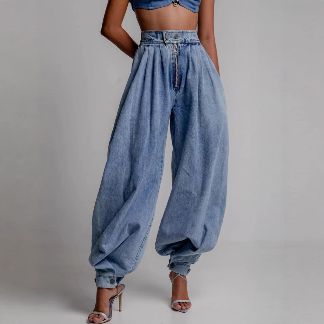 High-Waist Zipper Denim Harem Pants