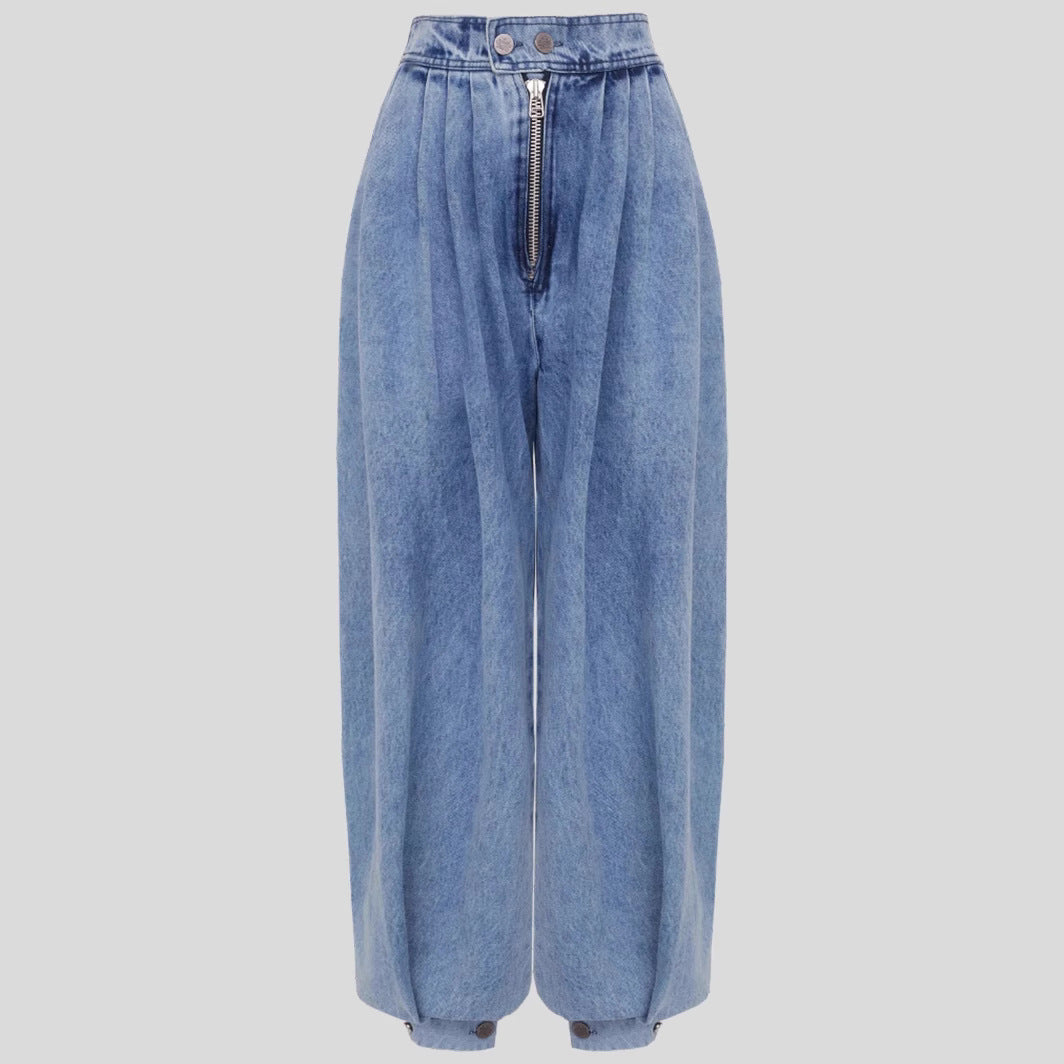 High-Waist Zipper Denim Harem Pants