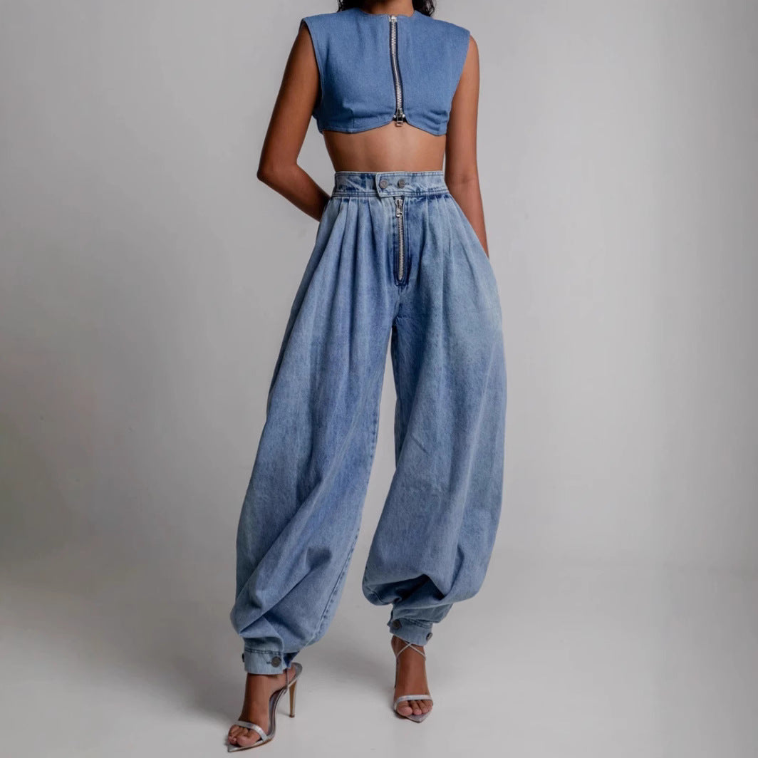 High-Waist Zipper Denim Harem Pants