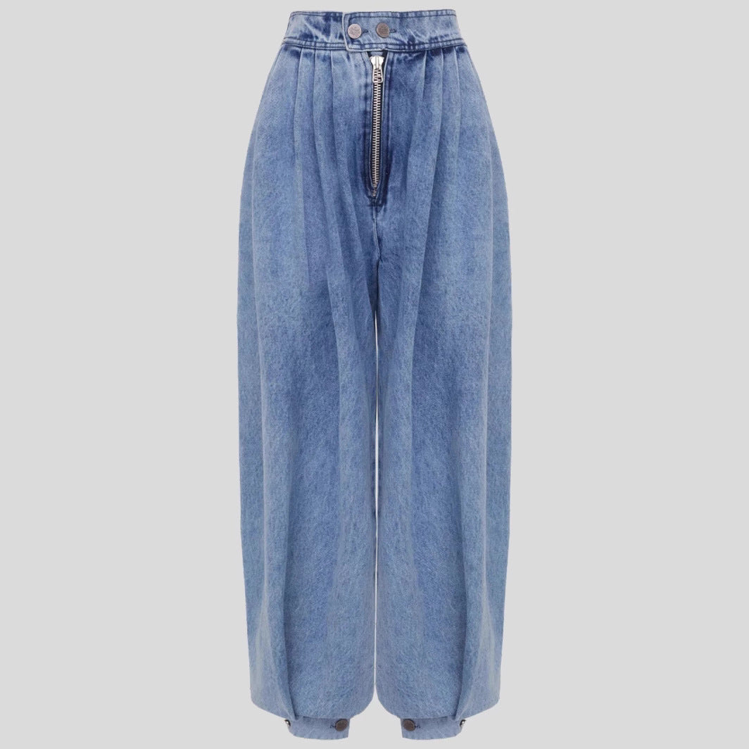 High-Waist Zipper Denim Harem Pants