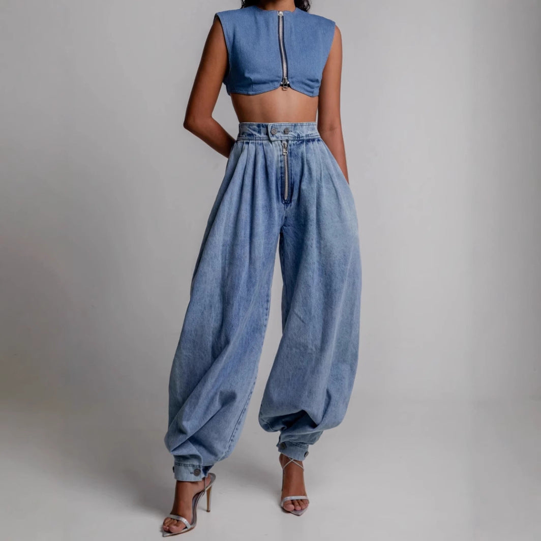 High-Waist Zipper Denim Harem Pants
