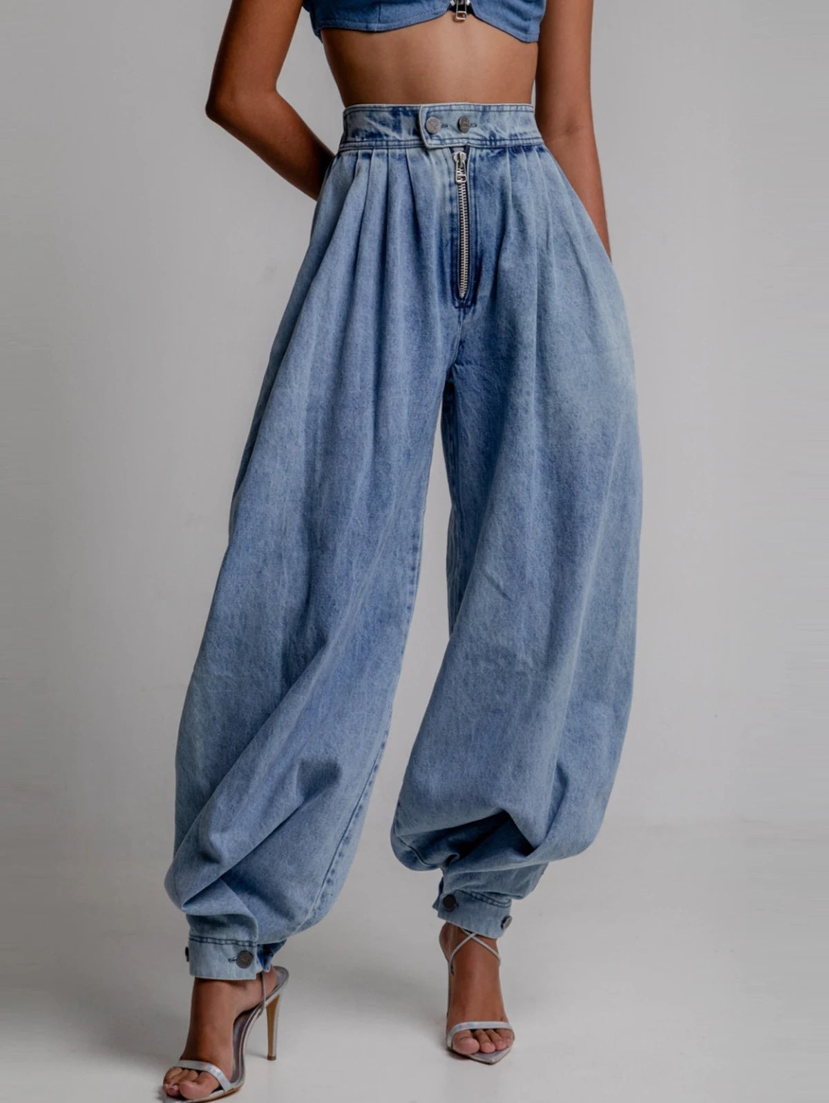 High-Waist Zipper Denim Harem Pants