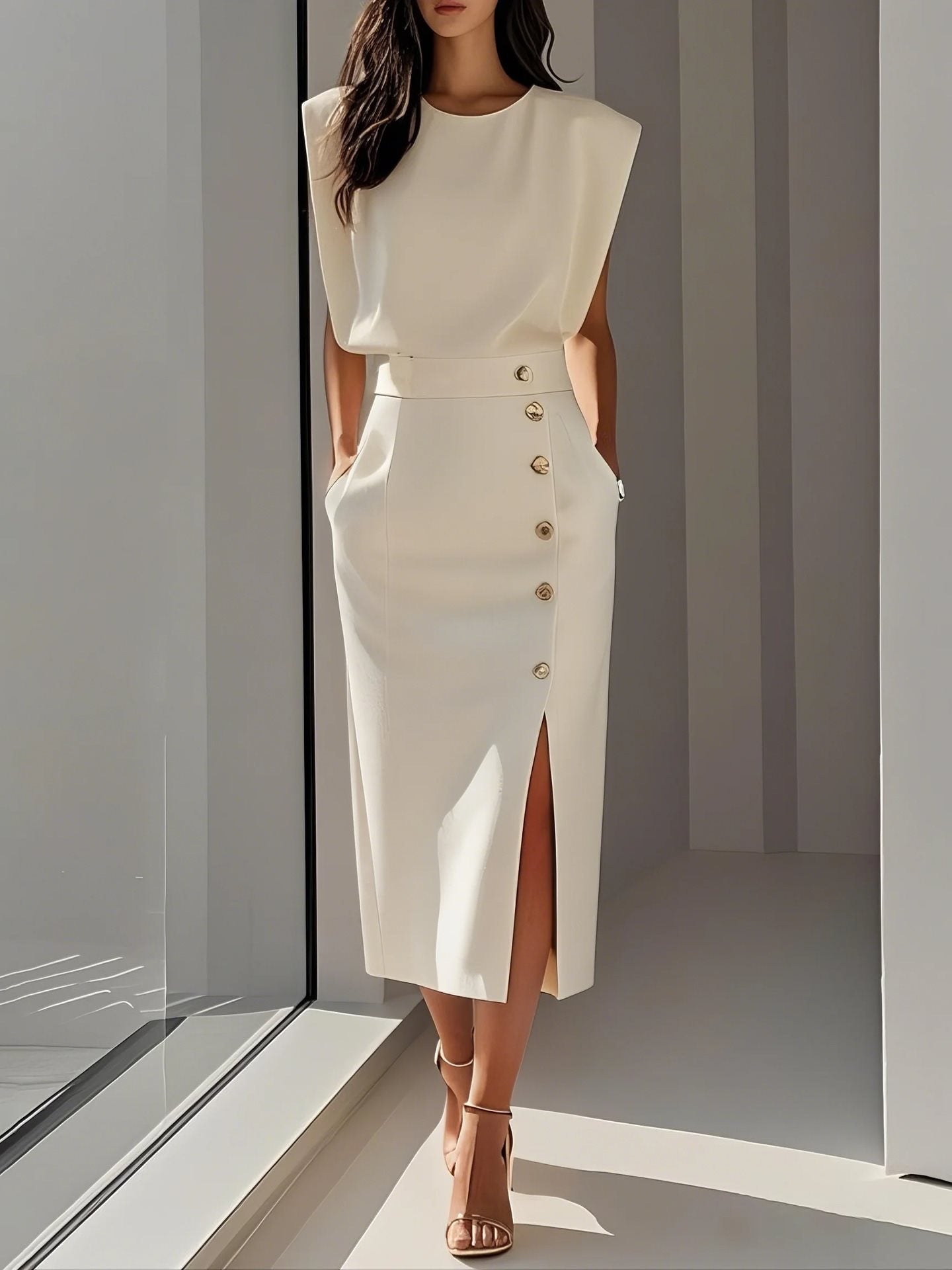 Metal-Button Side-Split Summer Dress