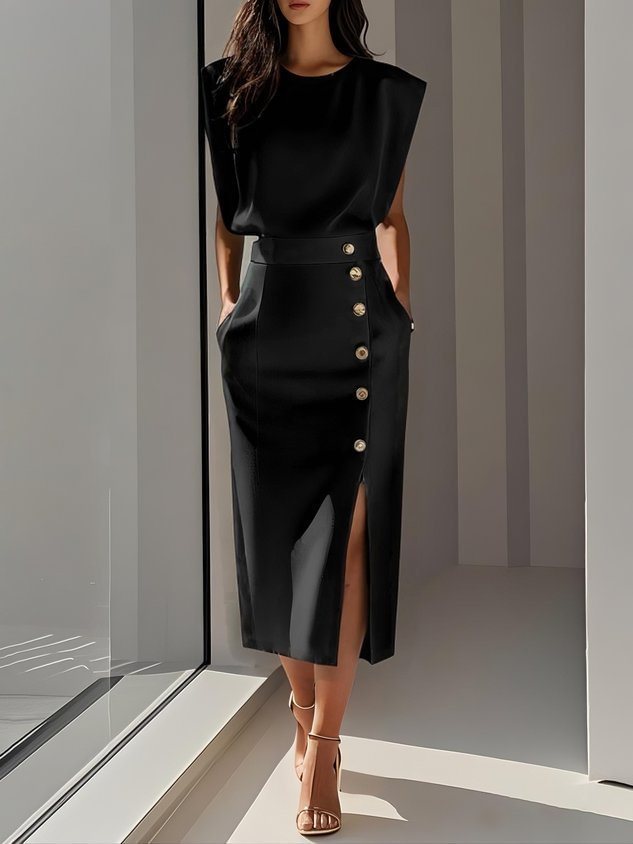 Metal-Button Side-Split Summer Dress