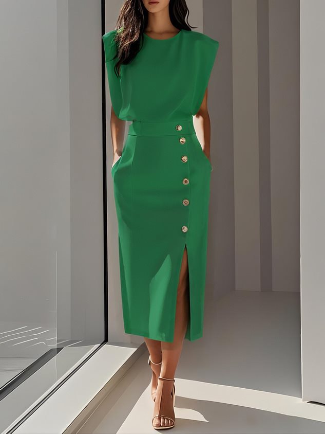 Metal-Button Side-Split Summer Dress