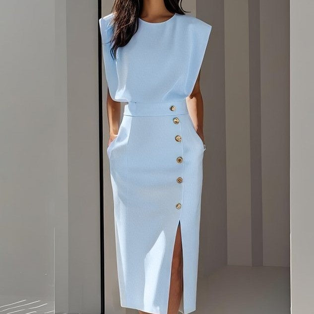 Metal-Button Side-Split Summer Dress