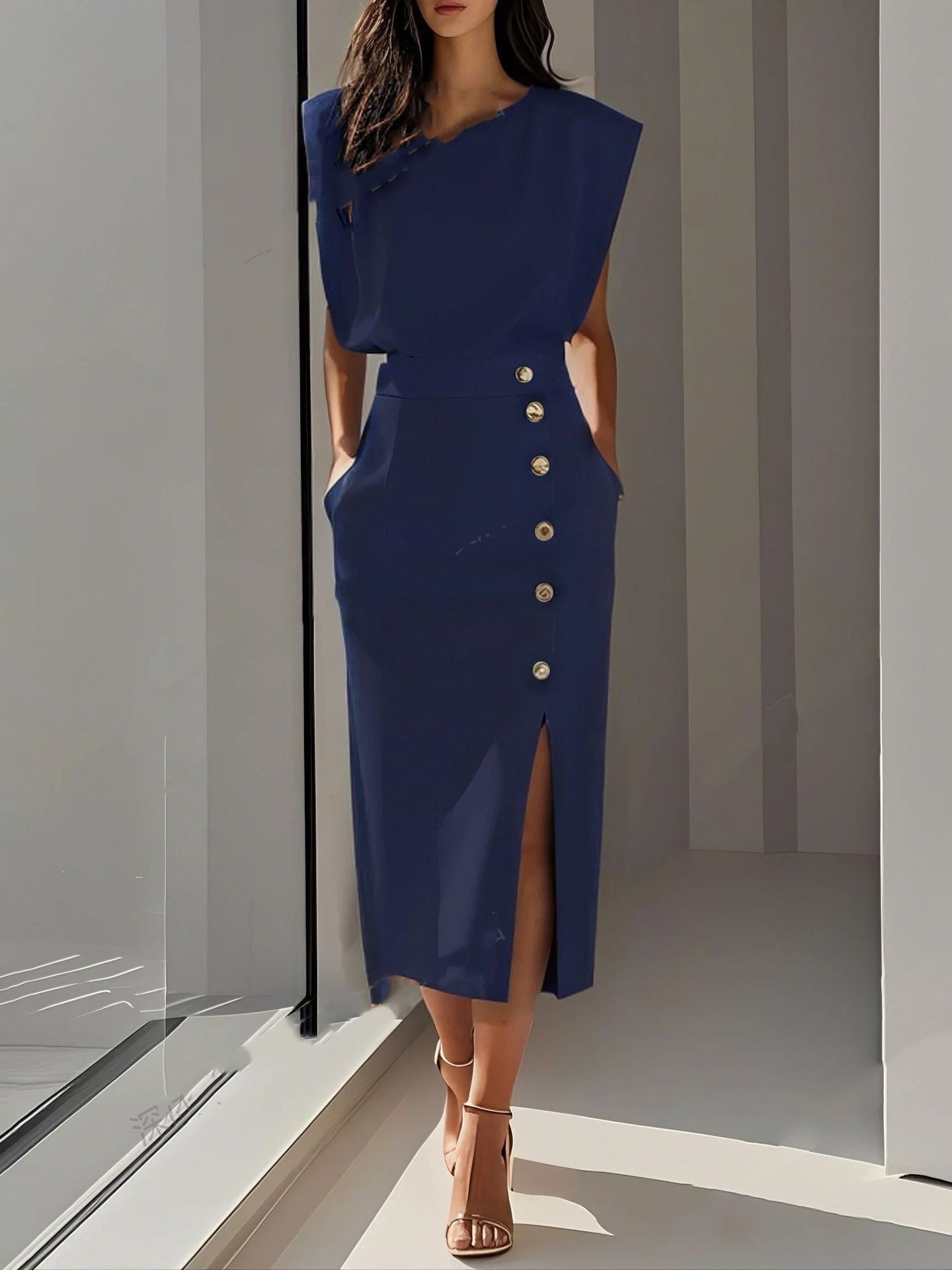 Metal-Button Side-Split Summer Dress