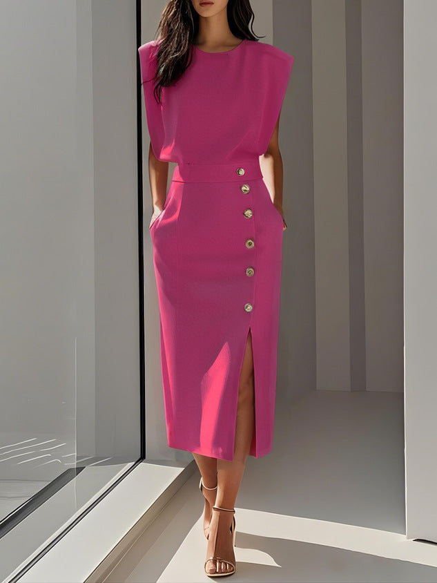 Metal-Button Side-Split Summer Dress