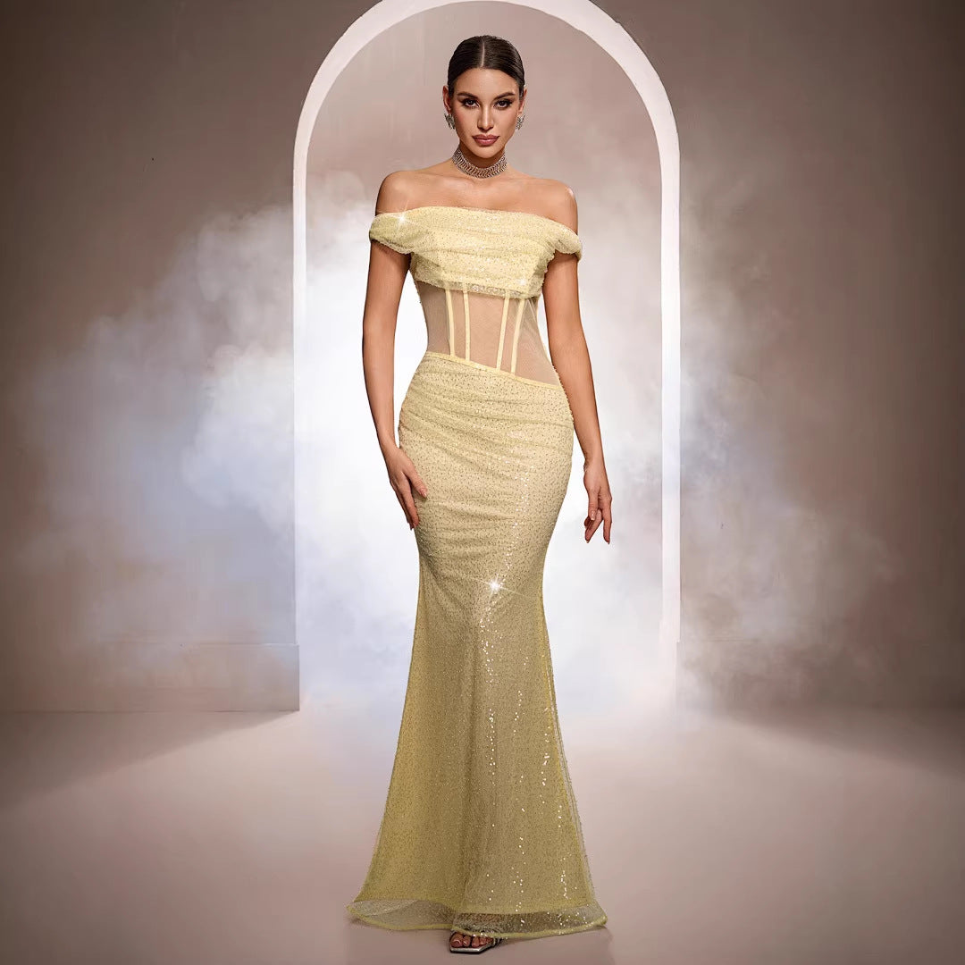 Off-Shoulder Sequined Mermaid Evening Gown