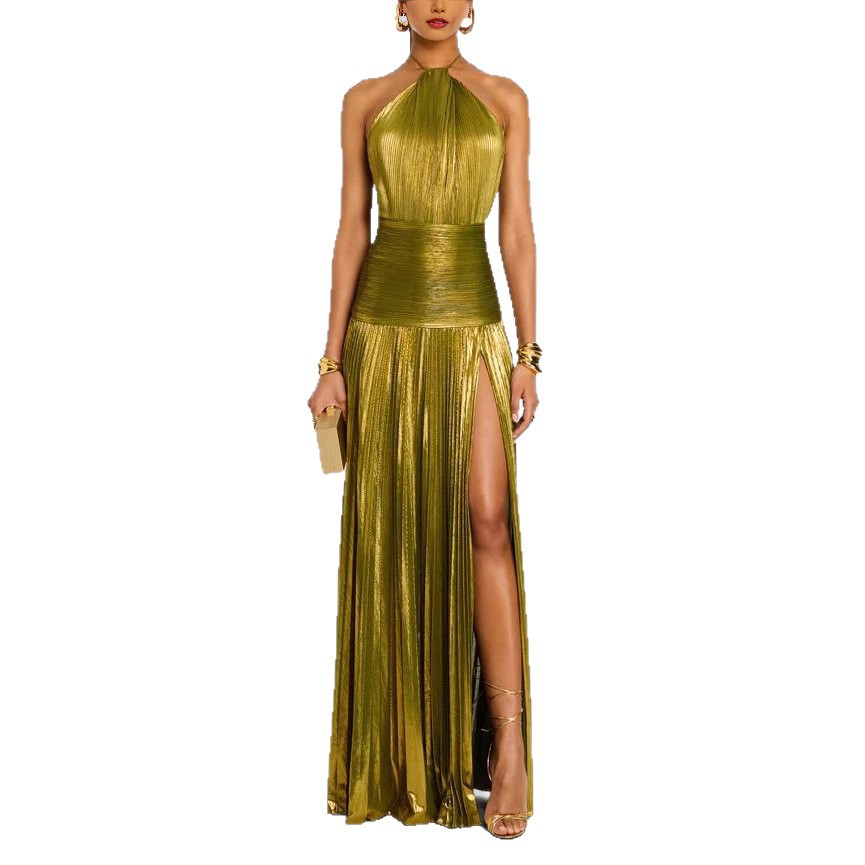 Pleated Side-Split Lace-Up Halter Dress
