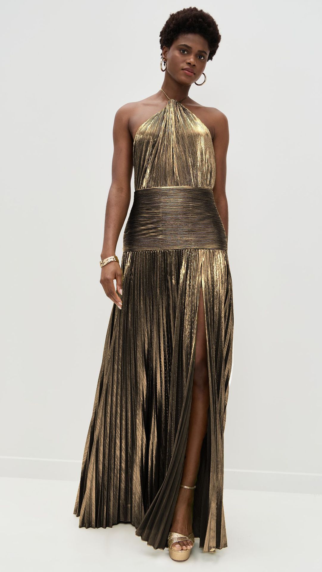 Pleated Side-Split Lace-Up Halter Dress