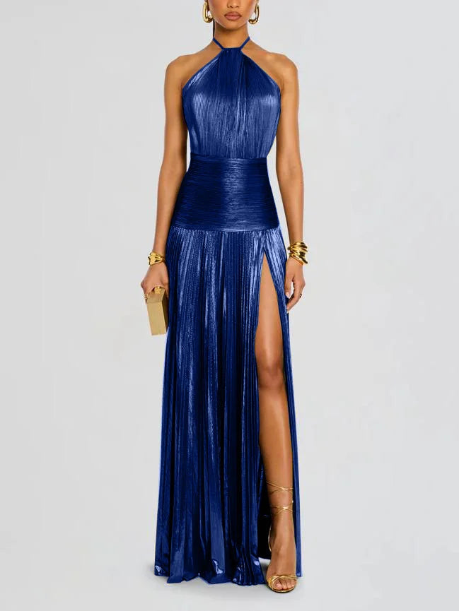 Pleated Side-Split Lace-Up Halter Dress