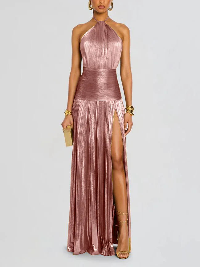 Pleated Side-Split Lace-Up Halter Dress