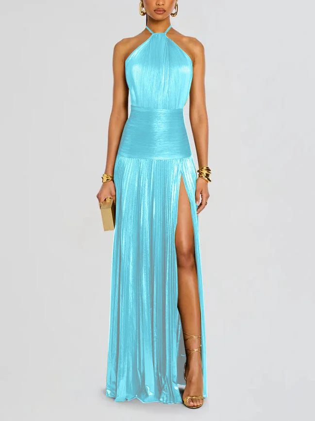 Pleated Side-Split Lace-Up Halter Dress