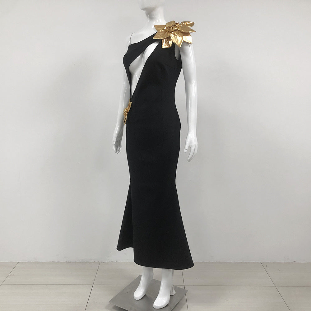Slim-Fit Bandage Golden Floral Maxi Dress