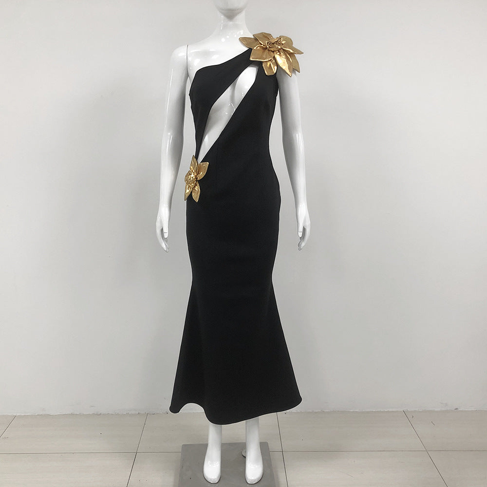 Slim-Fit Bandage Golden Floral Maxi Dress