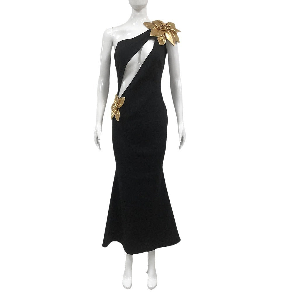 Slim-Fit Bandage Golden Floral Maxi Dress