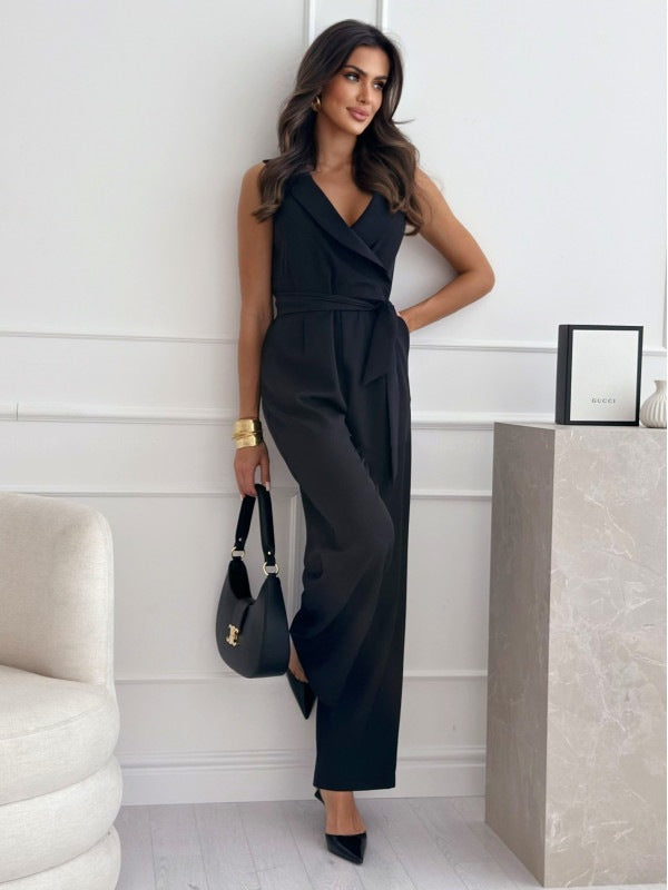 V-Neck Sleeveless Belted Jumpsuit